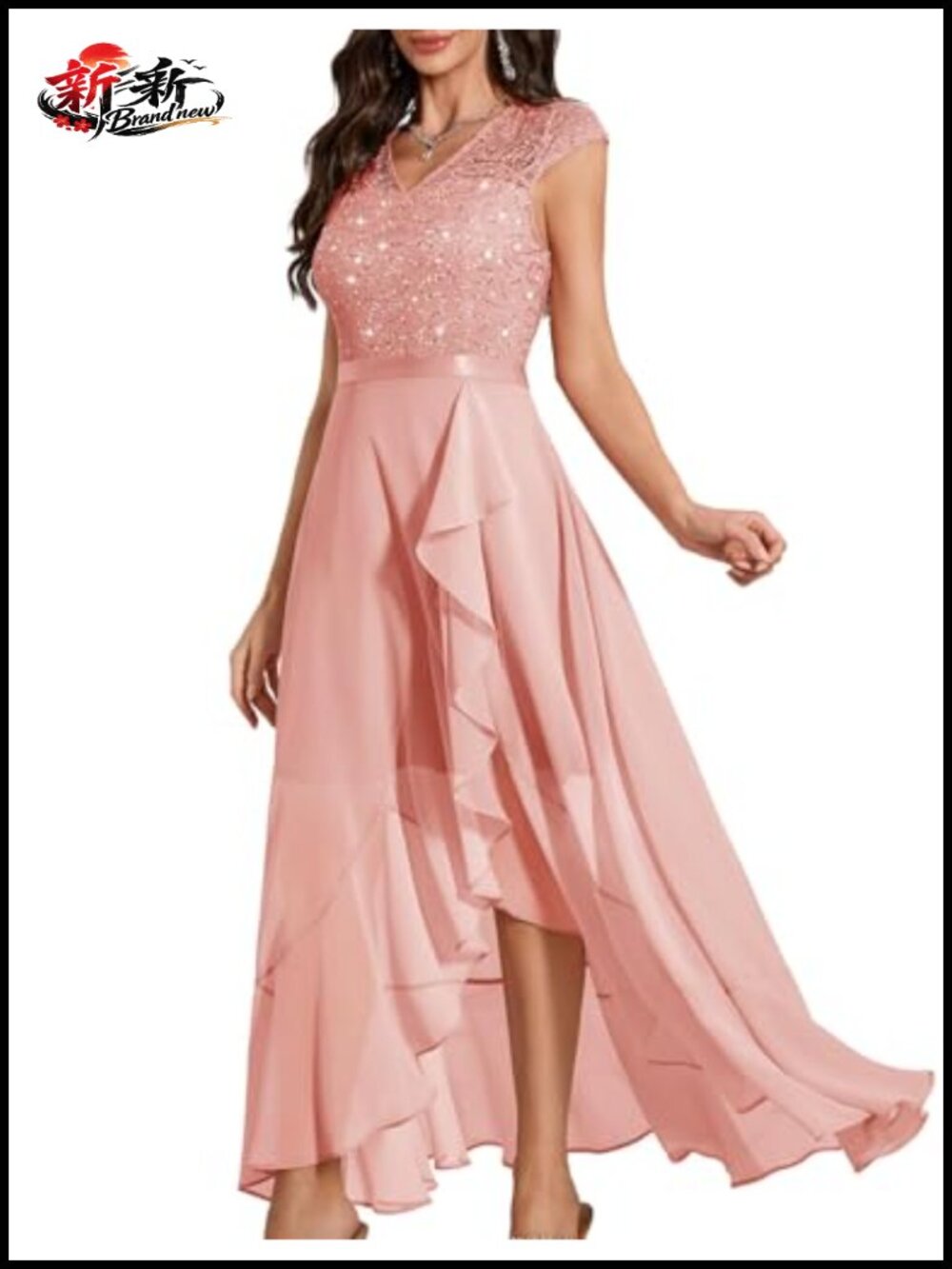 Sequin Floral Lace Cocktail Formal V-Neck Cap Sleeve Maxi Dress